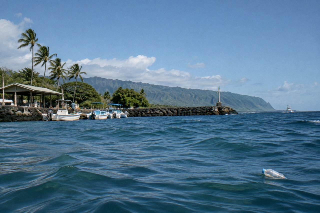 Clear blue open ocean water off the north coast of Oahu with a distant boat on the horizon