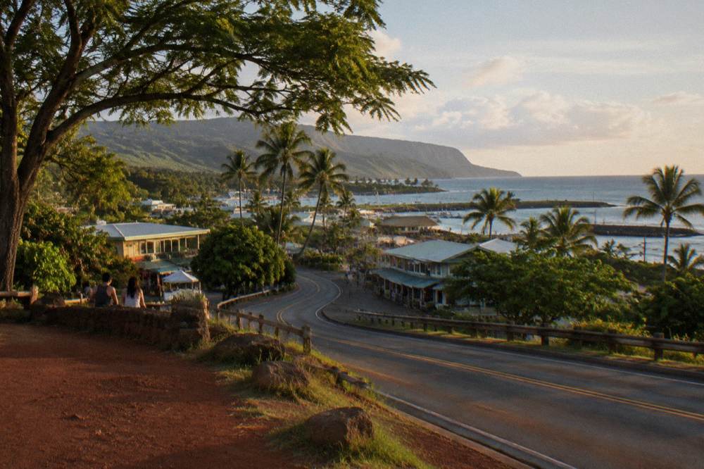 A coastal road winding along the green Oahu shoreline toward a small harbor town