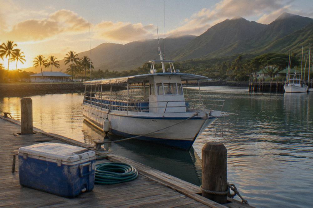 tour boat docked at a small boat harbor with calm water and green hills behind it