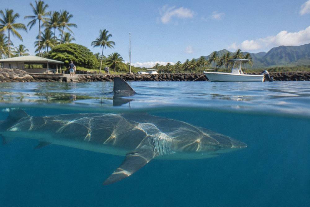 galapagos shark swimming near the surface in clear blue open ocean water
