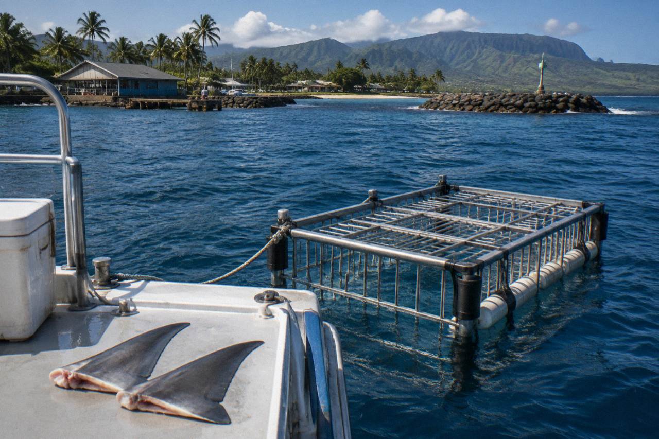 steel shark cage floating in deep blue ocean water beside a boat