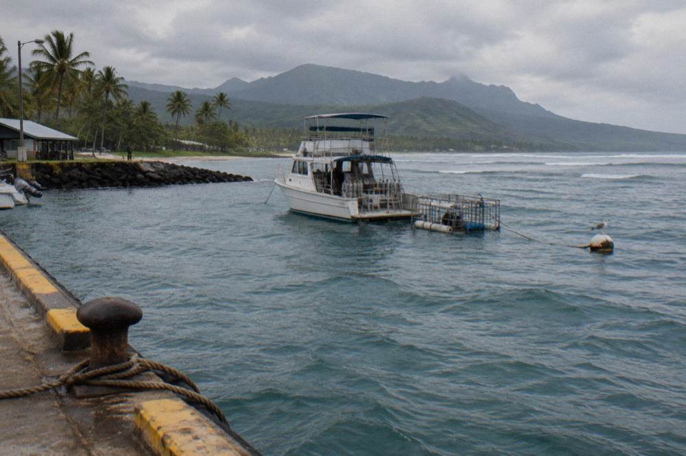 A dive boat anchored over deep blue water with a floating shark cage beside it