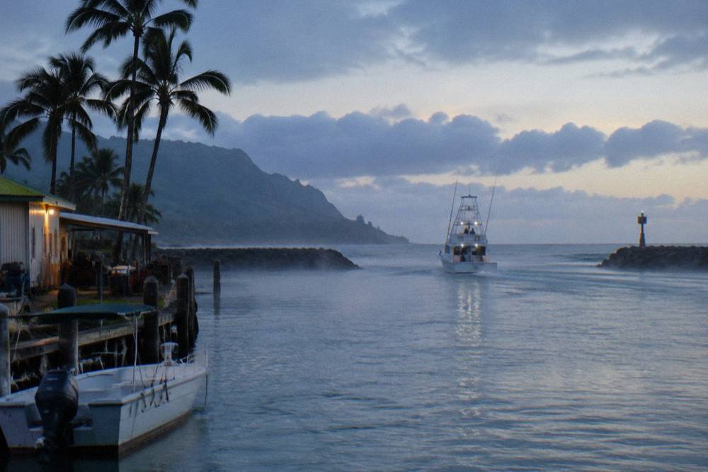 tour boat traveling across deep blue open water toward a dive site