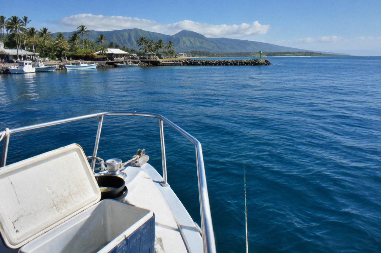Open blue ocean surface seen from a boat three miles off the North Shore of Oahu