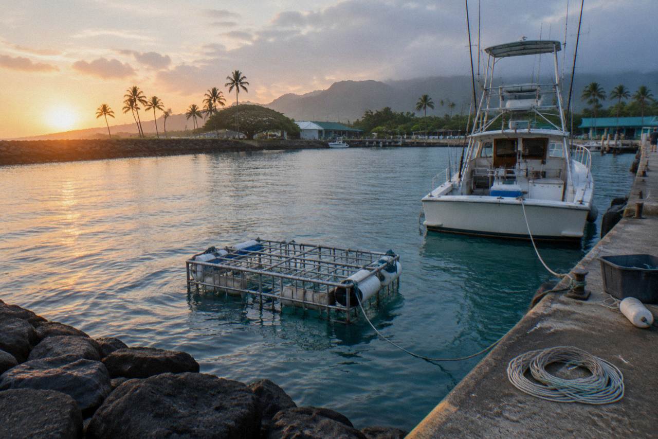 A shark cage floating in deep blue ocean water off the North Shore of Oahu