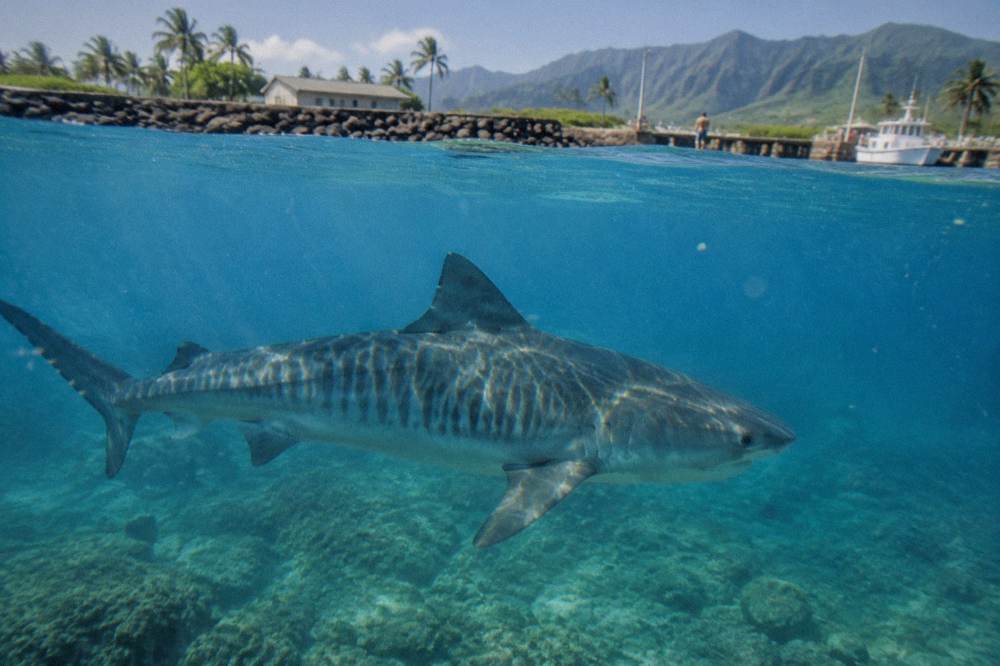 A tiger shark swimming through clear blue water with distinctive markings visible