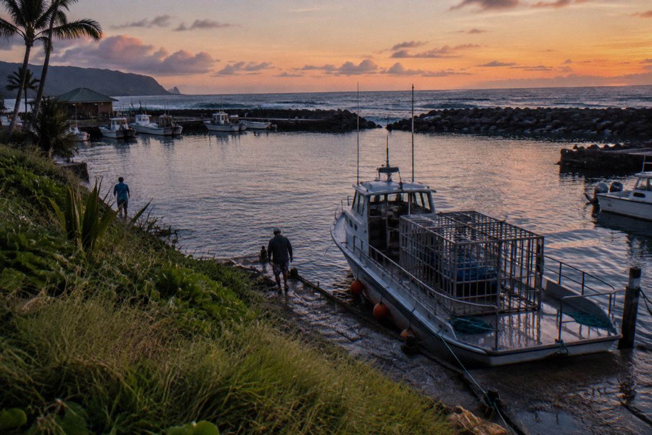 Shark cage floating in deep blue open ocean water near Oahu
