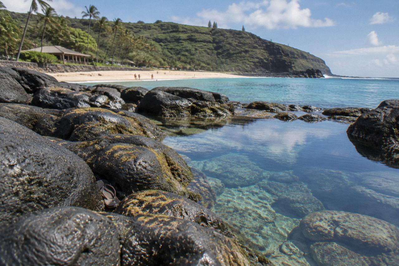 Rocky shoreline with calm turquoise water and reef visible below the surface