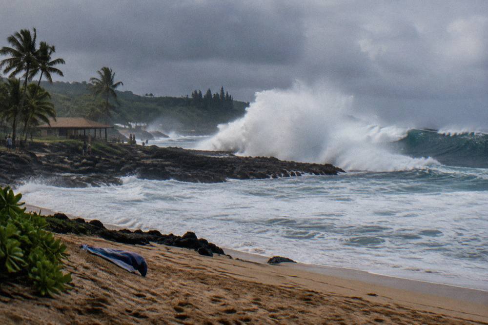 Large winter northwest swell breaking along the North Shore coastline of Oahu near Haleiwa