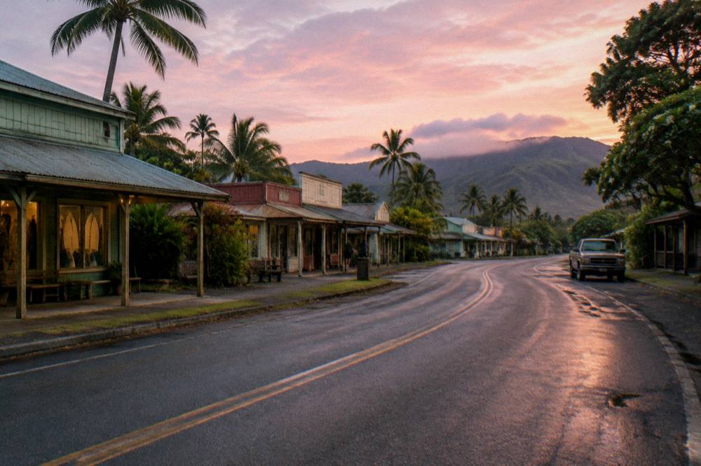 Sunrise over a quiet coastal highway leading toward a small harbor town on Oahu