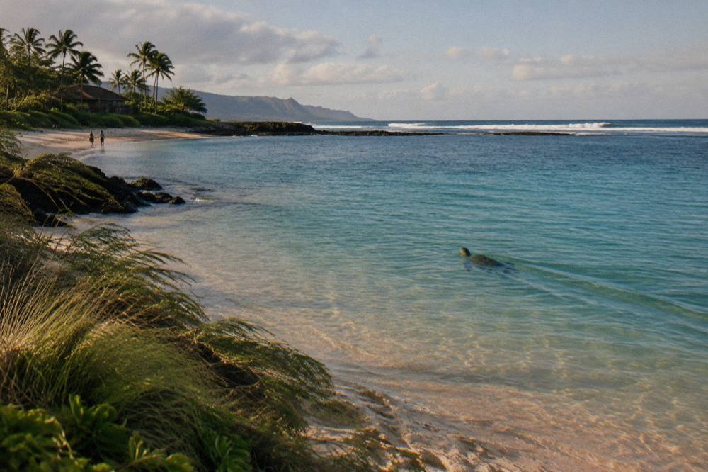 A sandy North Shore beach with clear turquoise water and distant surf