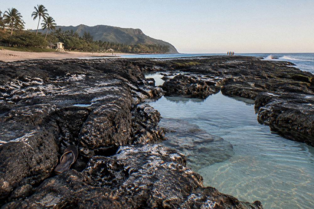 Calm summer ocean water with a rocky shoreline and clear sky