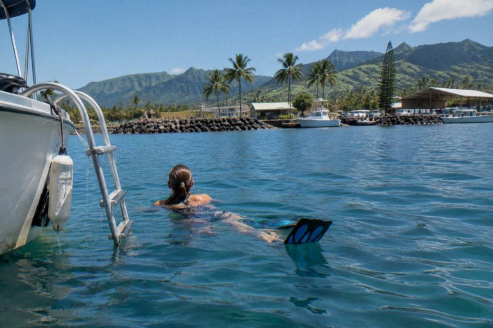 A swimmer floating in open ocean beside a shark tour boat