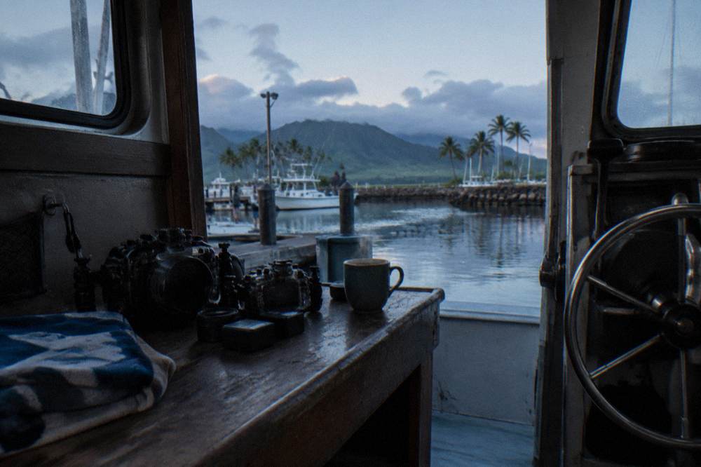 Camera equipment laid out on a boat bench before a shark tour departure