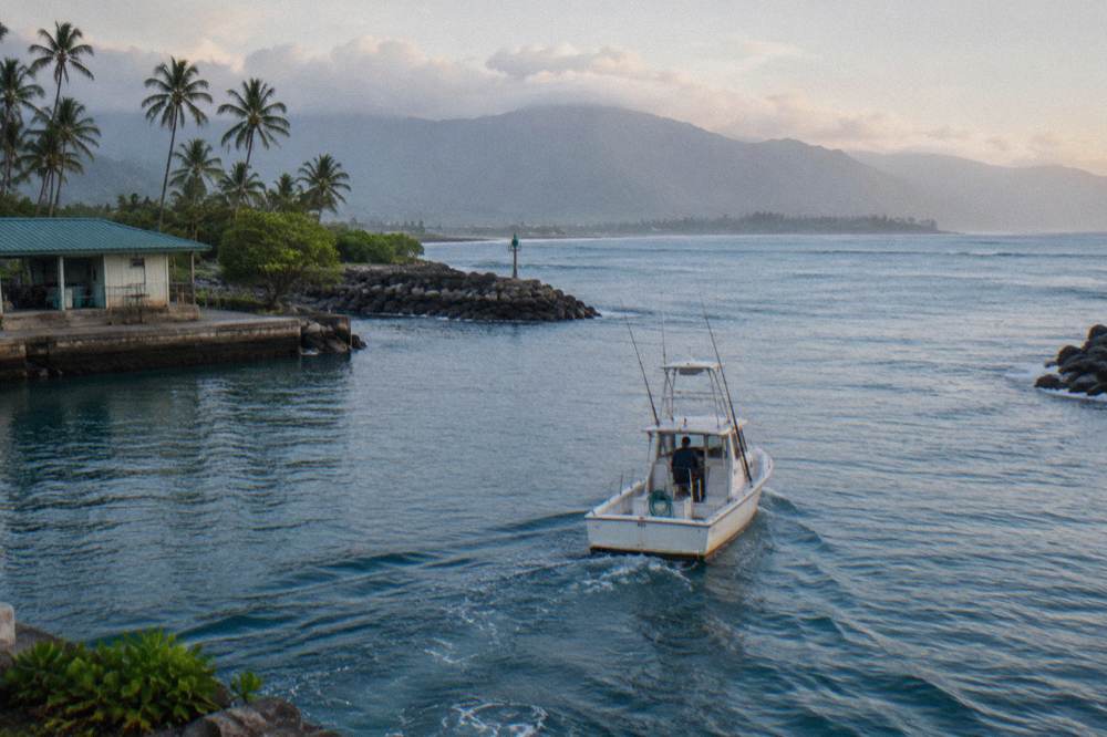 Small charter boat cruising across open ocean with deep blue water