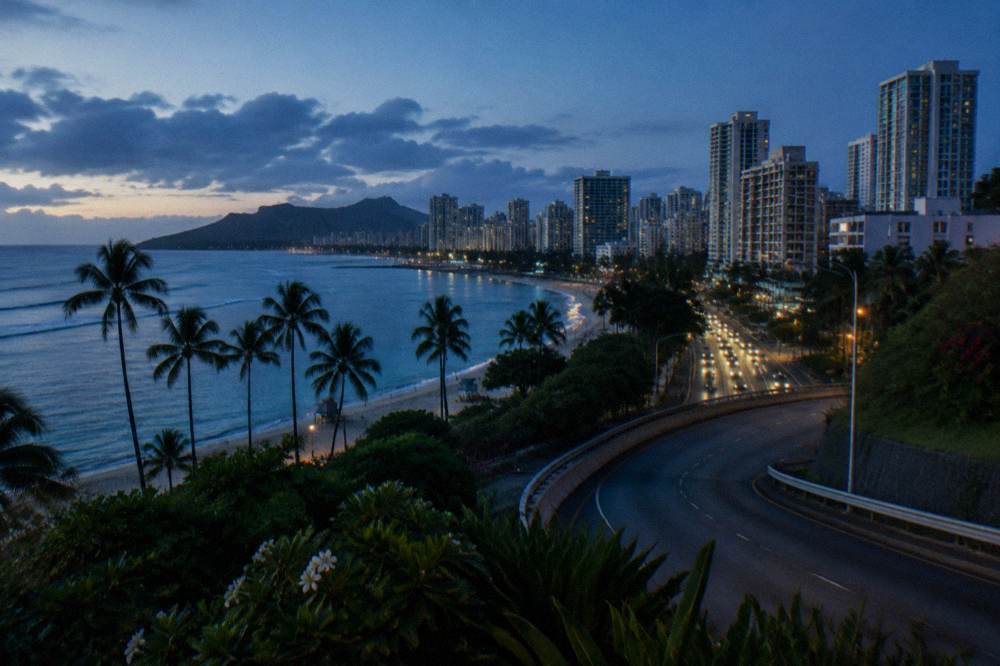 Coastal highway road leading toward the North Shore of Oahu at dawn